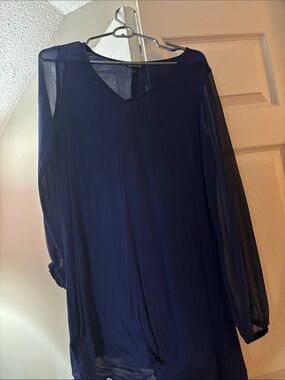 Navy Blue Women's V-Neck Sheer Sleeve Dress